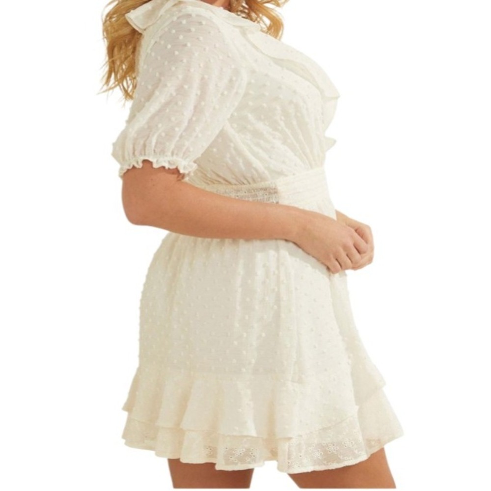 Guess Dress Woman's Medium Ivory Maribel Ruffle  Eyelet Mini Dress Short Sleeves